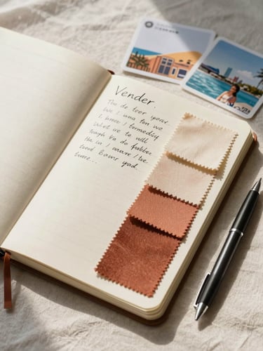 Close flat lay from above — an open notebook with handwritten vendor notes, fabric swatches in warm ivory and terracotta, printed destination cards, and a fine-tipped pen resting at the edge, on a pale linen surface under soft north-facing window light