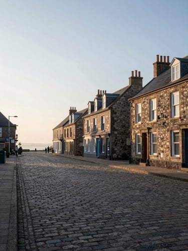 Wide environmental shot of a quiet coastal town square at dawn, empty cobblestone street with morning light raking across stone facades, no people, documentary framing from the left third