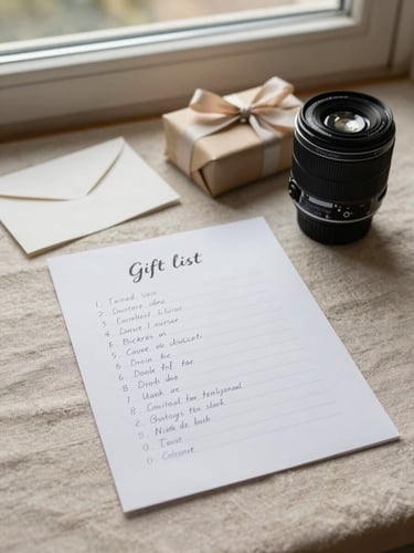 Close flat lay of a printed gift list with handwritten annotations beside a curated selection of small objects — a folded card, a wrapped item, a ribbon — on a warm linen surface, documentary window light