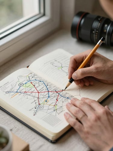 Close documentary shot of hands tracing a hand-drawn itinerary map in an open notebook, pencil resting beside the page, soft north-facing window light from the left, warm linen surface beneath