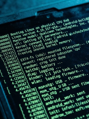 Extreme macro shot of a rugged Android tablet screen displaying terminal kernel boot logs, cool blue and neon green ambient lighting, sharp technical focus