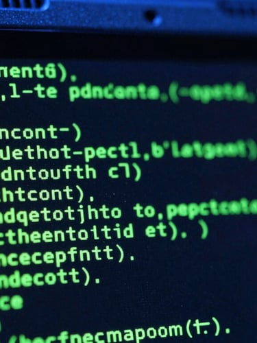 Extreme macro close-up of a ruggedized Android tablet screen displaying green terminal code on a black background, cool blue ambient light, sharp focus on the glass texture.