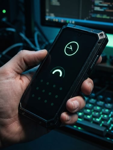 Extreme close-up of a developer workspace, a hand holding a custom mobile device running a clean minimalist launcher interface, sharp focus on hardware texture, neon green ambient glow.