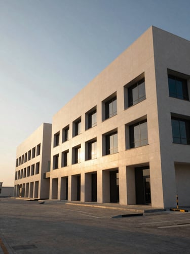 Wide-angle exterior of a modern Dubai free-zone facility at golden hour, the building facade occupying the right two-thirds of the frame, clean geometric lines, warm low-angle light casting long shadows across the forecourt, minimal sky visible at top