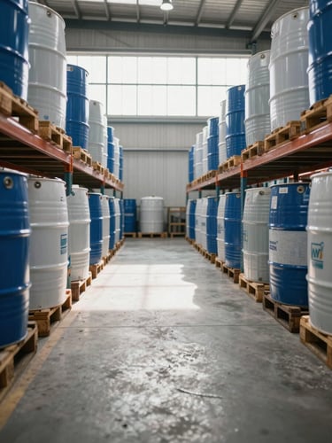 Interior of a large warehouse facility in daylight, rows of palletised chemical drums and IBC containers on industrial racking, clean concrete floor, natural light streaming through high windows at the far end, no people, tight perspective lines converging toward the rear wall