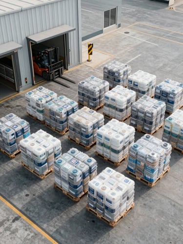 Overhead view of a loading dock at a Dubai logistics facility, pallets of labelled chemical containers arranged in an orderly grid on the dock floor, a forklift visible at the frame edge, overcast daylight from above, clean industrial lines, no staff visible