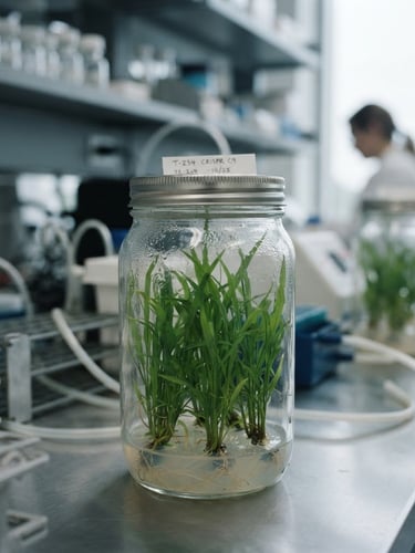 Macro close-up of gene-edited crop trials in a sterile laboratory, cool slate and deep green tones, crisp detail, 35mm lens