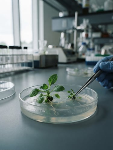 Macro close-up of plant genetics trials inside a sterile laboratory, cool slate and deep green tones, natural overcast daylight, 35mm lens.