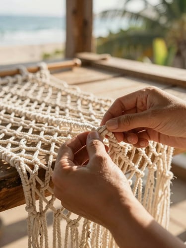 An artisan's hands carefully knotting a complex macrame garment, warm natural light, rustic wooden workshop background, focus on hands and cotton thread