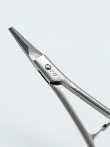 Satin-finished surgical steel forceps close-up, showing fine serrations and laser-etched serial numbers, clean sterile white background, cool studio lighting, sharp macro detail, 100mm lens