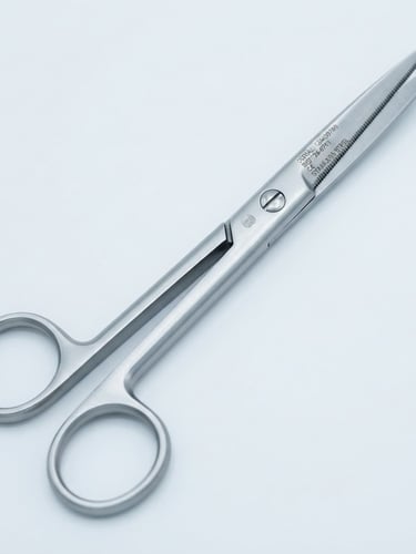 Crisp product photography of satin-finished surgical operating scissors, clean sterile white background, cool studio lighting, sharp macro detail showing fine serrations and laser-etched serial numbers, 100mm lens