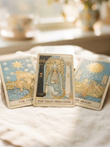 A portrait-oriented close-up of gold-foiled tarot cards resting on a light linen cloth, bathed in bright, high-key natural golden-hour sunlight, shallow depth of field, elegant and luxurious.