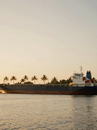 A wide cargo ship docked at a tropical port during golden hour, palm trees silhouetted in the distant background, warm soft lighting, 35mm