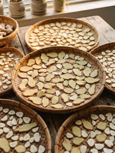 Overhead flat-lay of traditional woven bamboo drying mats with sliced ginger and garlic under warm, soft golden-hour window light, 35mm