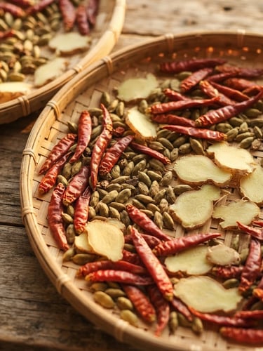 Overhead macro shot of traditional sun-drying mats on natural wood, featuring whole red chilies, cardamom pods, and ginger slices in warm golden-hour window light, 35mm.