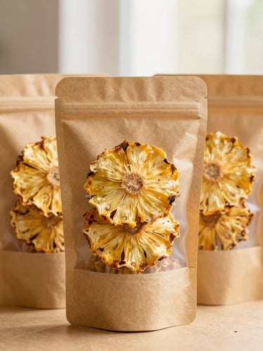 A portrait orientation photo of sealed kraft paper pouches with clear windows displaying vibrant dried pineapple slices, resting on a warm cardamom beige surface, gentle window light, shallow depth of field.