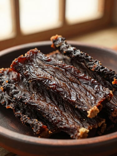 Close-up macro shot of textured traditional Kerala idiyirachi dried beef on a dark clay plate, warm soft window light, shallow depth of field.