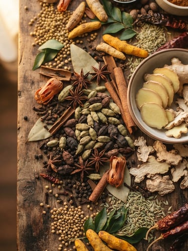 Overhead flat-lay of dried Kerala spices, cardamoms, and sliced ginger on a warm wooden surface under soft golden-hour window light.