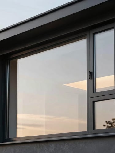Architectural close-up of a minimalist black aluminum window frame, sharp daylight, crisp reflections on thick double-glazed glass, luxury modern house exterior