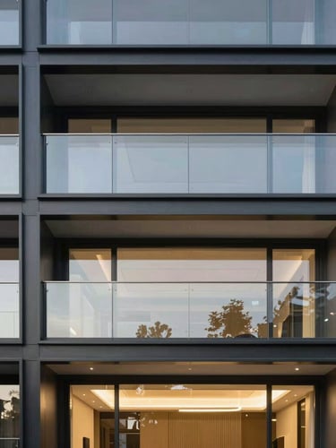 Architectural photography of a luxury modern residential facade, large minimalist black aluminum frames, crisp daylight reflections on high-performance glass, deep graphite tones, 35mm lens.