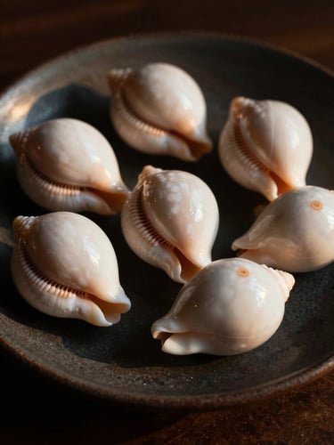 Dramatic close-up of polished white cowrie shells on a dark, textured ceramic plate, warm side-lighting casting deep shadows, 35mm photography.