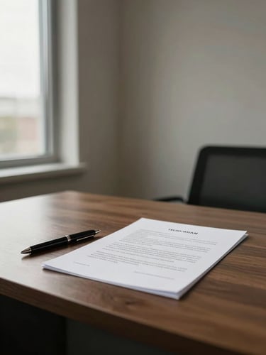 Medium-wide interior shot of a professional office desk, a printed contract document in sharp focus at center-right, pen resting beside it, controlled natural daylight entering from a tall window at left frame edge, neutral walls, empty chair visible in soft background blur