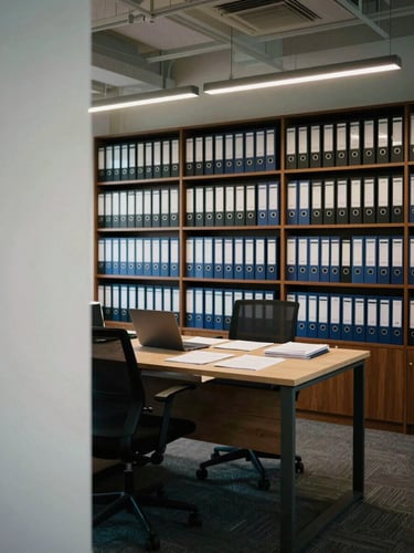 Wide interior view of a quiet professional office space, rows of organized filing binders on shelves in background, a single desk with open documents and a closed laptop under cool overhead lighting, no people, architectural ceiling detail visible at top, shot from a medium-wide angle with generous left margin