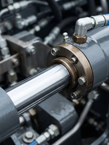 Macro detail shot of a clean heavy-duty marine hydraulic piston, high-grade stainless steel cylinder, crisp cool daylight, sharp metallic reflections, 50mm lens