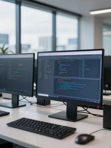 Crisp corporate photography of a modern Auckland workspace, natural daylight reflecting on clean screens showing analytics and code, professional editorial style