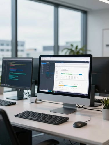 A modern, bright Auckland digital agency office with natural daylight, clean screens showing code and analytics, professional editorial style
