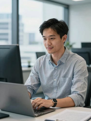 A professional, natural-light portrait of a digital strategist collaborating in a modern Auckland office, cool blue and grey tones, sharp focus, editorial style