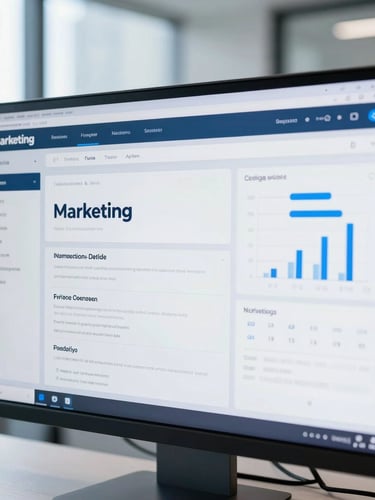 A close-up of a clean digital marketing dashboard on a high-resolution screen in a bright, modern Auckland office, natural daylight, cool blue tones.