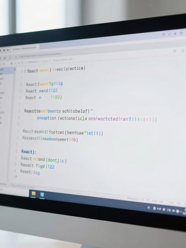 A close-up of clean, well-structured React code on a modern monitor, soft natural daylight reflecting on the glass, professional editorial style.