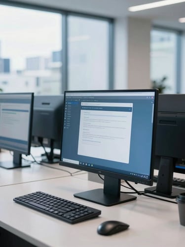 Crisp corporate photography of a modern Auckland workspace with bright daylight, cool blue tones, and clean technology screens in sharp focus.