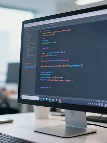 A close-up of clean code on a monitor with a soft reflection of a developer working in a bright modern workspace, cool blue daylight, professional editorial style