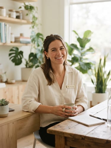A warm editorial portrait of a female clinical dietitian in a bright, sunlit modern wellness clinic, surrounded by soft botanical details, 35mm photography, warm natural daylight