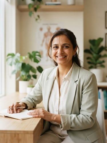 A professional, warm portrait of Dt. Fazila Shaikh, a clinical dietitian in a bright, modern wellness clinic, natural window lighting, soft sage and cream tones, 35mm photography.
