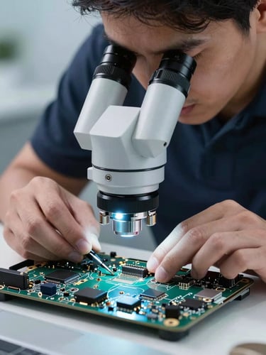 Macro shot of a technician in a dark polo shirt repairing a MacBook logic board under a bright cool-toned microscope, metallic textures, high detail, 35mm