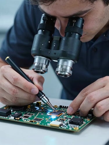 Macro shot of a professional technician in a dark polo shirt soldering a MacBook logic board under a microscope, cool blue lighting, high detail, 35mm
