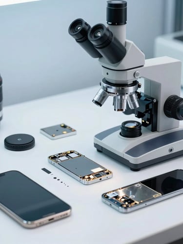 Pristine clean-room repair desk with a high-end microscope, neatly organized disassembled iPhone components, bright clean studio lighting, cool blue tones, macro lens, 35mm