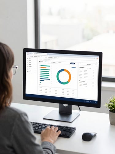 Over-the-shoulder view of a clean desk setup in a bright, natural-light Louisville office, a flat monitor displaying a technical SEO dashboard with clear data charts, desaturated navy tones.