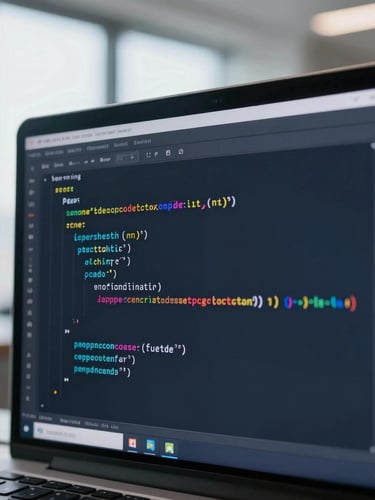 Macro close-up of a clean code editor window displaying structured schema markup, cool-toned office daylight, shallow depth of field.