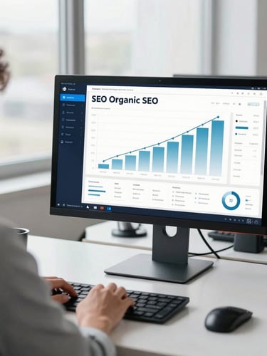 Over-the-shoulder shot of a clean desk setup with a monitor displaying a technical SEO dashboard with rising organic traffic charts, cool daylight.
