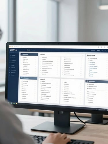 Over-the-shoulder view of a technical data dashboard on a monitor, bright cool-toned office window light, clean corporate photography, desaturated tones