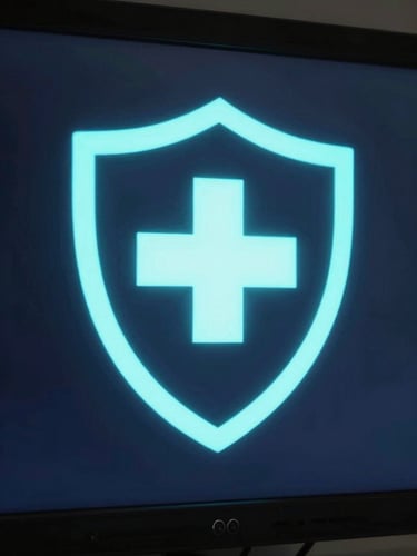 A stylized medical shield icon glowing with neon teal light, against a dark, high-contrast background, clinical photography, low-key monitor glow, cool blue and slate tones, sharp macro focus, 35mm