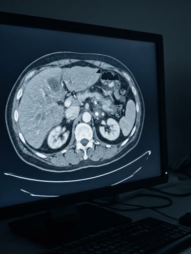 High-contrast axial CT scan of the abdomen showing a subtle but critical diagnostic detail, viewed on a PACS workstation screen in a dimly lit clinical room, cool blue and slate tones, sharp macro focus, 35mm