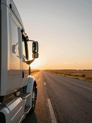 Wide-angle view from the passenger side of a semi cab on a Texas state highway at golden hour, flat plains stretching to the horizon, the rig's mirror and door handle in sharp foreground, warm amber light raking across the road ahead