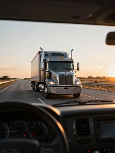 Wide cab-level view from inside a heavy-duty rig on a Texas highway at dawn, open road stretching ahead, warm golden light cutting low across the dashboard and windshield, freight trailer visible in side mirror