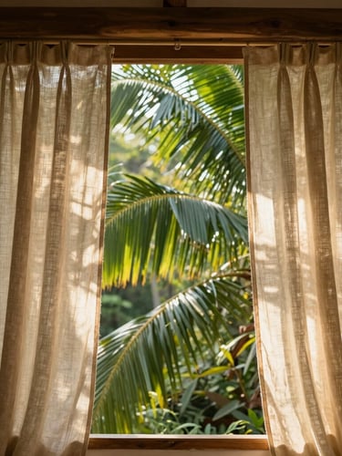 Boutique guesthouse interior with natural wood beams, linen curtains blowing in the wind, lush green palm leaves framing the window, soft morning light