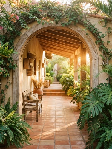 Warm editorial photography of a sunlit guesthouse corridor with natural wood, tropical plants framing the architectural archway, golden-hour light